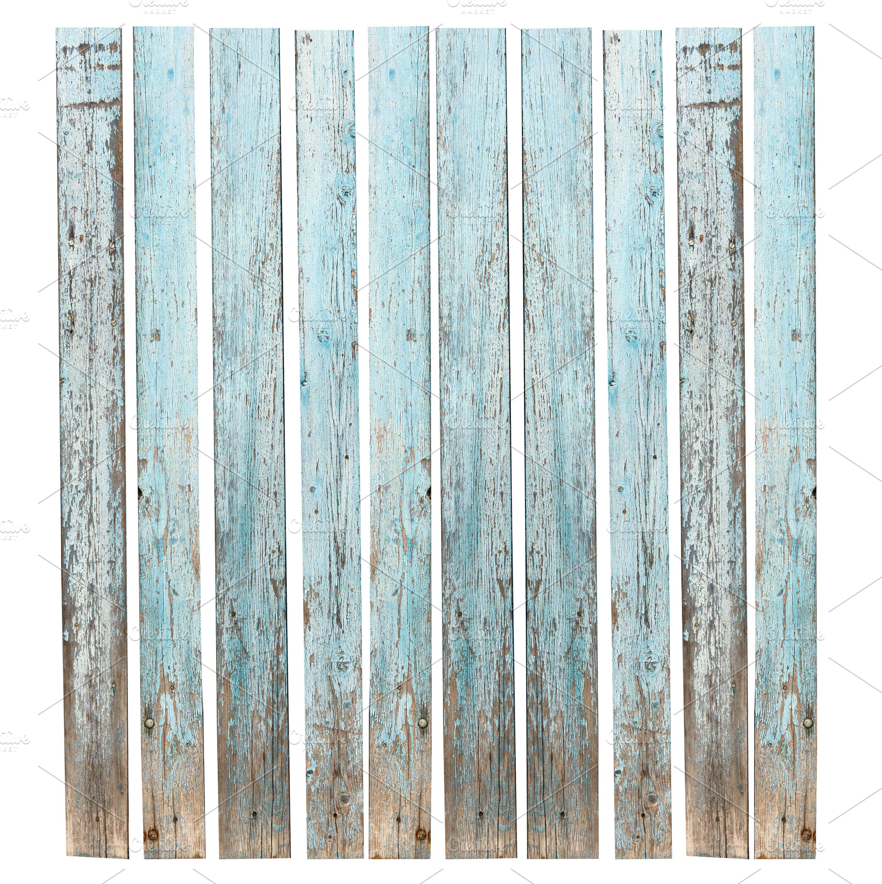 Vertical row of old wooden planks with peeling blue paint showin, a Background Photo by ndanko