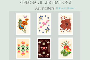 6 Floral Illustrations Art Posters