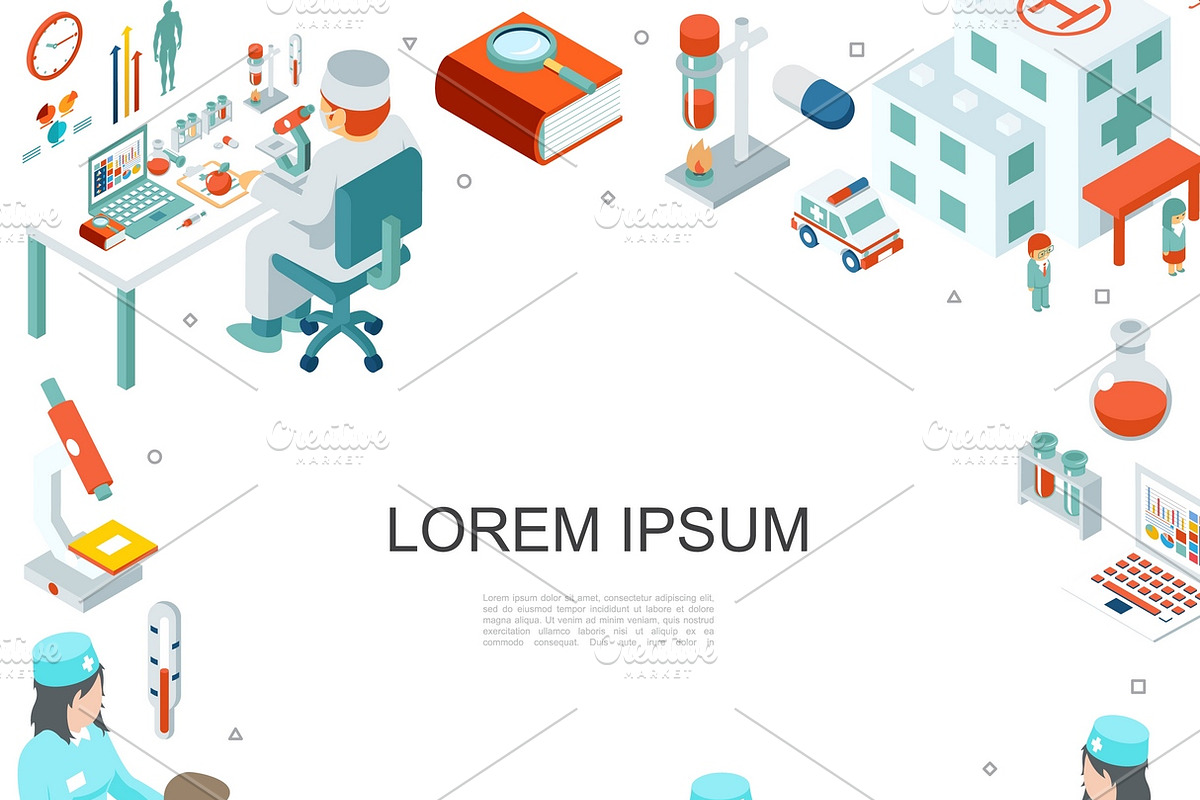 Isometric medicine template, a Healthcare Illustration by Microvector