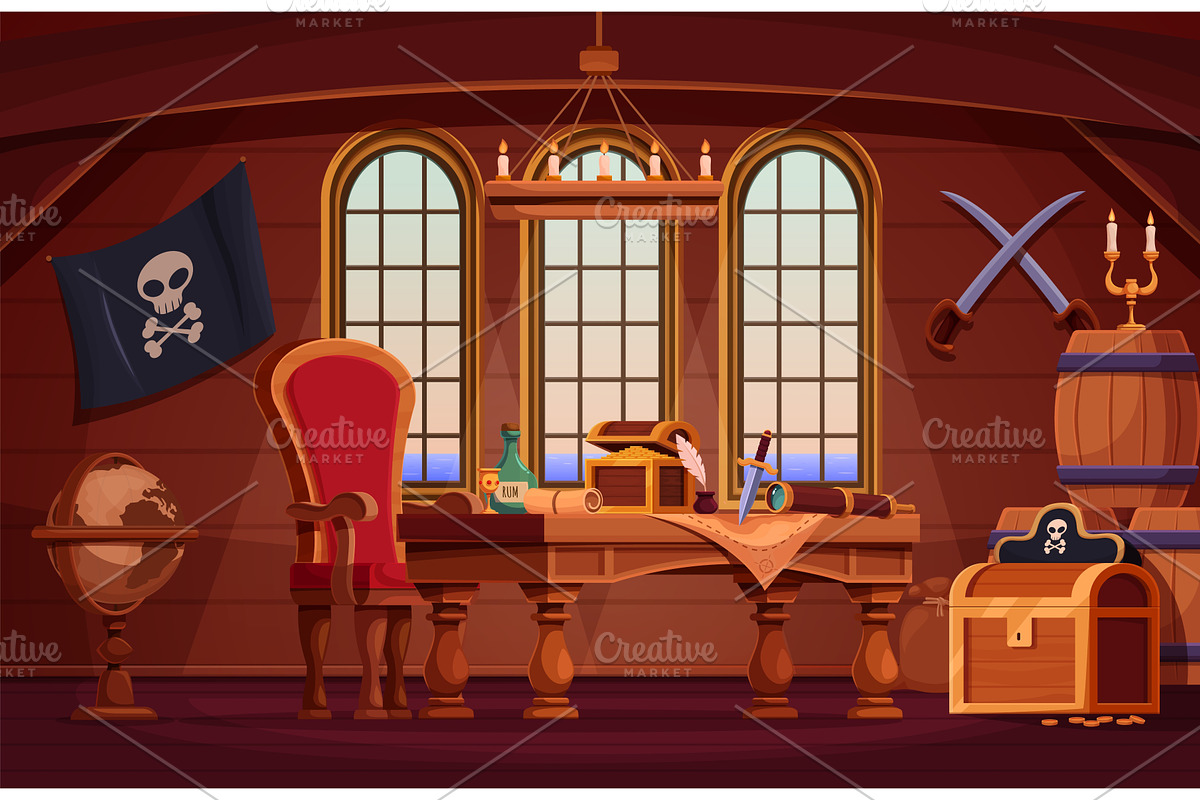 Pirate ship captain cabin. Cartoon, an Object Illustration by Valerie Bodnar