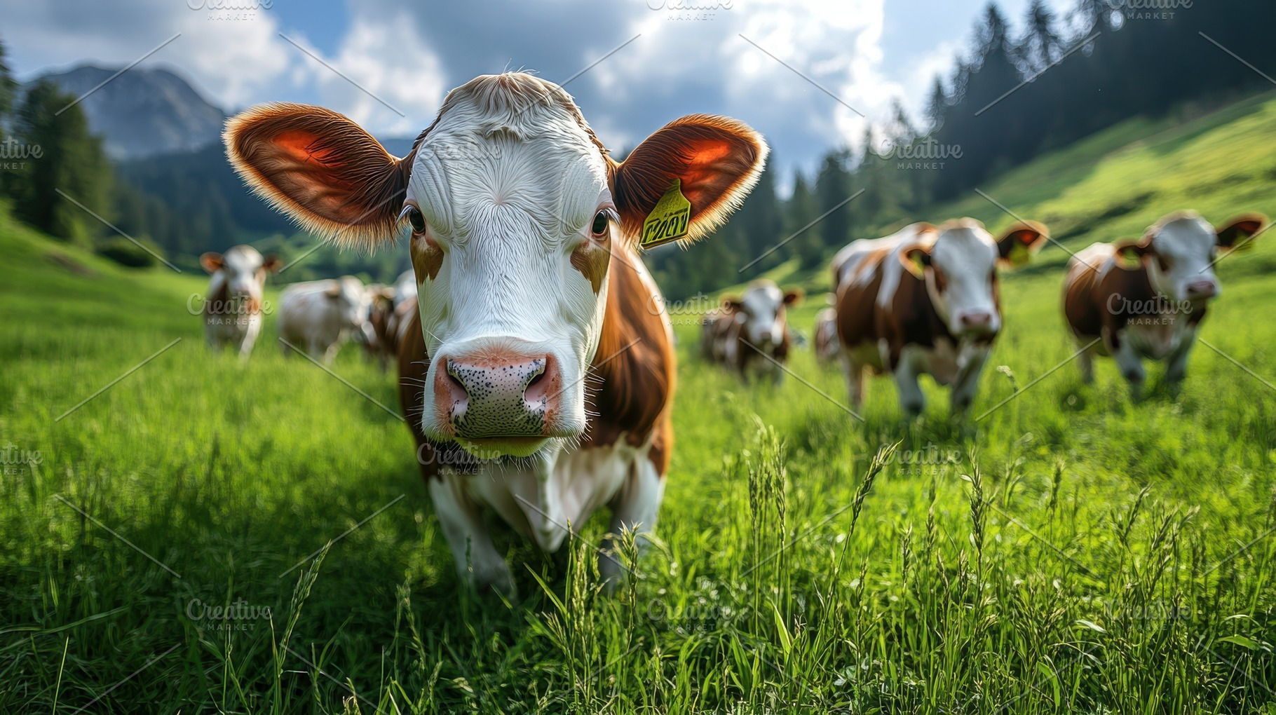 Cows graze in a lush green meadow be, an Animal Photo by Pixeness Studio