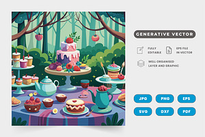 A whimsical tea party in the forest, a Graphic by SaroStock
