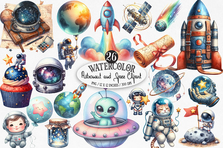Watercolor Astronaut and Space PNG