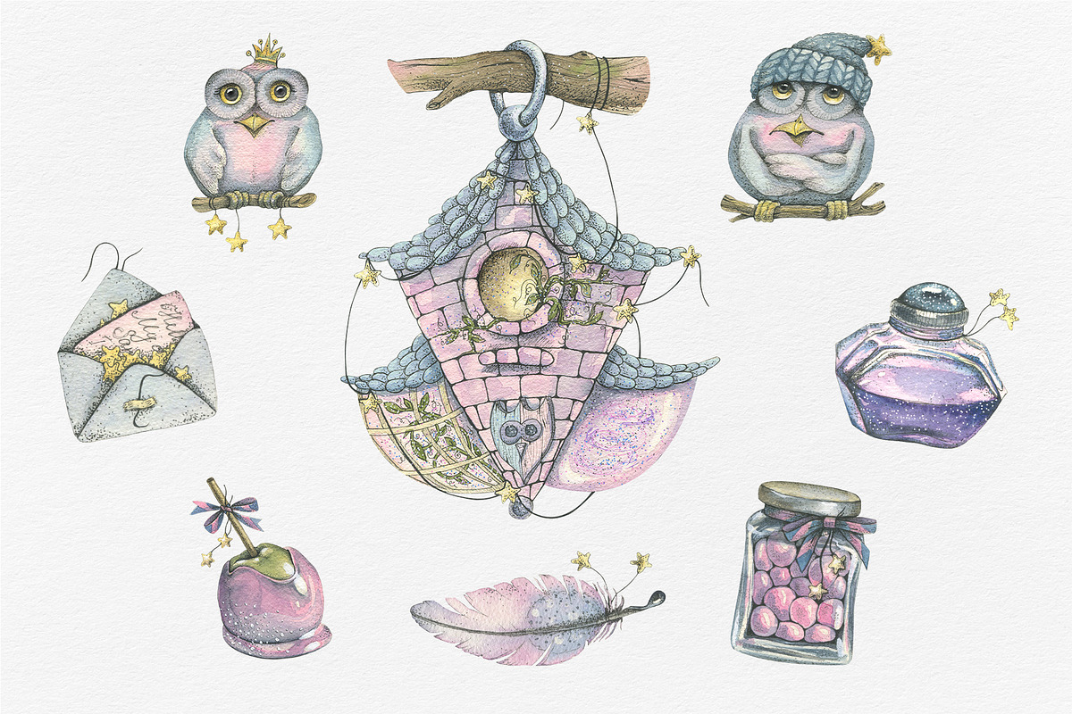 Magic Owls Winter Clipart Watercolor, an Illustration by NATASHA CHU (Photo 2 of 9)