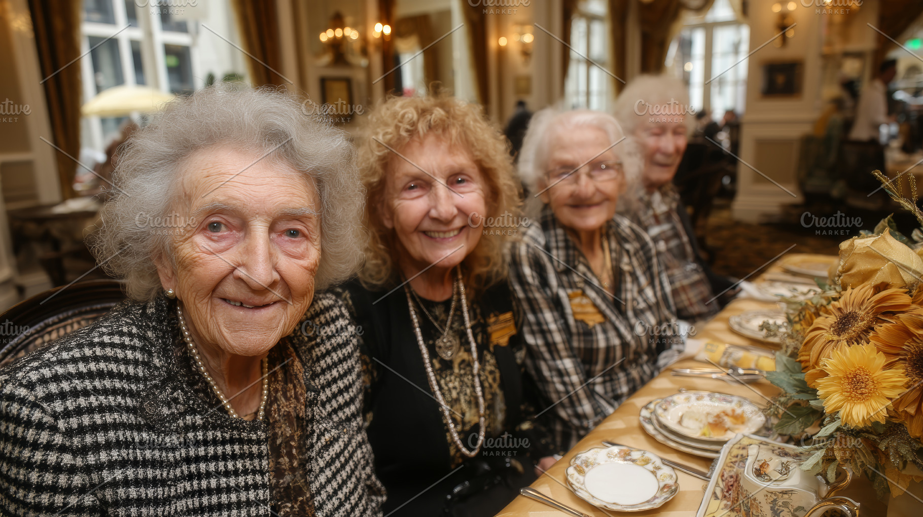 Four senior women friends smiling together at an elegant afternoon tea celebrat, a Photo by AS photostudio