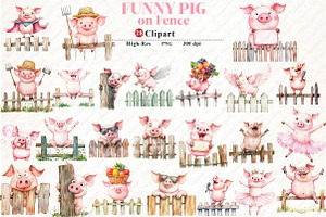 Funny Pig on Fence Clipart, an Illustration by Watercolor design