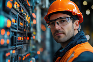 A male relay protection and automation engineer technician in an orange hard ha, a Person Photo by Textures & Backgrounds