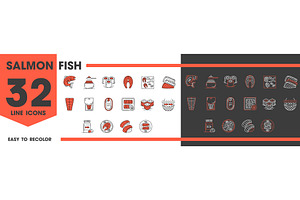 Salmon fish and meat line icons, a Food Illustration by Vector Tradition