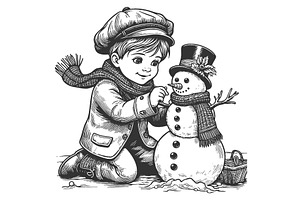 child building snowman winter vector, a Person Illustration by AlexArt