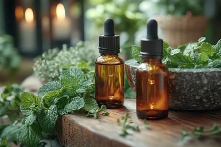 Small bottles of mint essential oil with mint leaves in mortar, a Health & Medical Photo by AlyaAnd