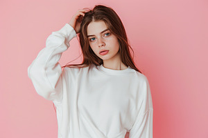 Young pretty woman in sweatshirt on pink background, a Person Photo by AlyaAnd