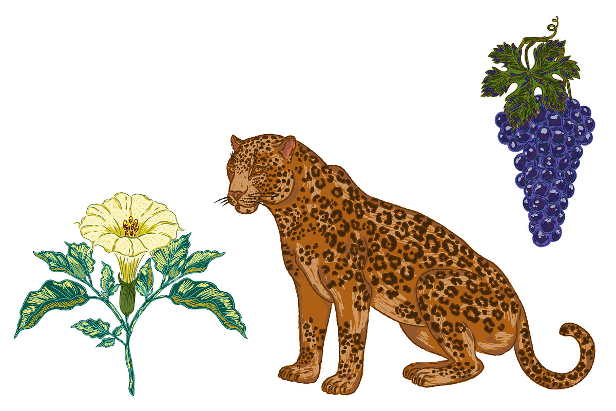 Jaguar, Datura & Grapes Pattern, a Pattern Graphic by NayaChu (Photo 9 of 12)