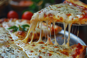 Pizza slice with melting cheese, a Food & Drink Photo by AlyaAnd