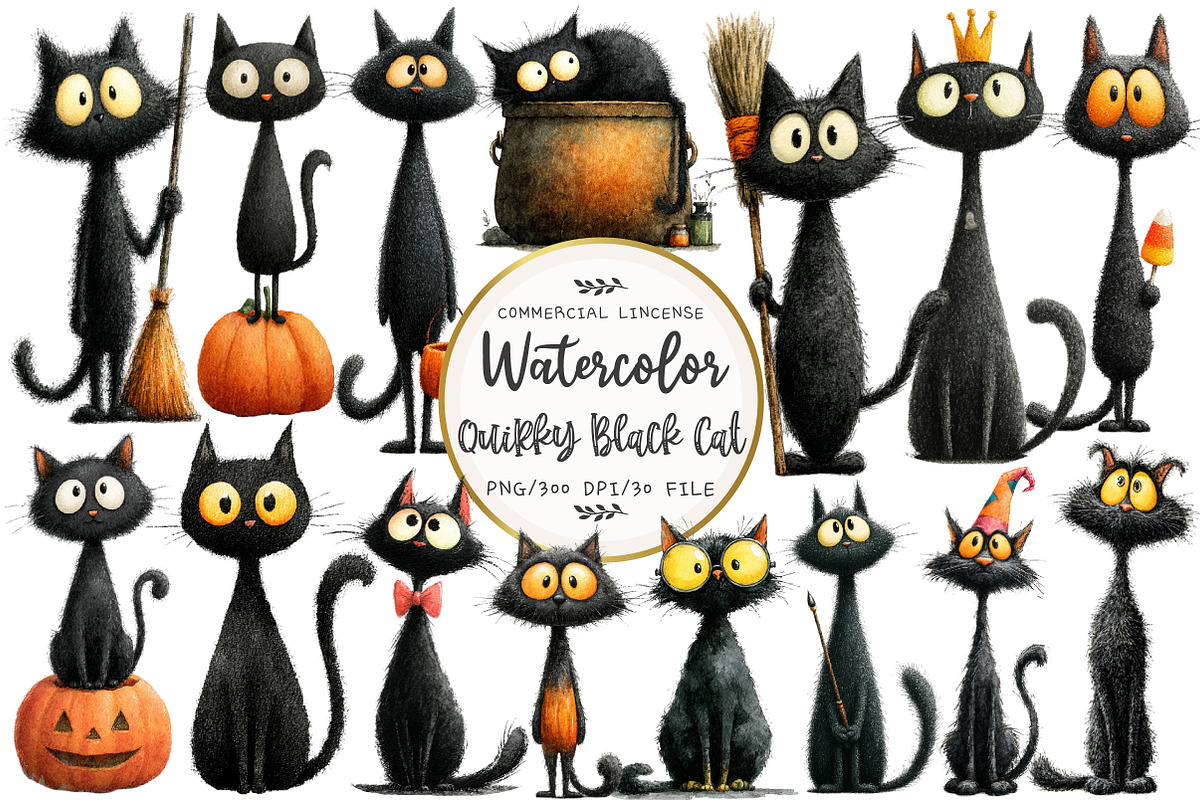 Quirky Halloween Black Cat Clipart, an Illustration by OK Design (Photo 1 of 5)