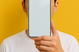 Man covering face with smartphone mockup against vibrant yellow, a Photo by Dvoevnore photos