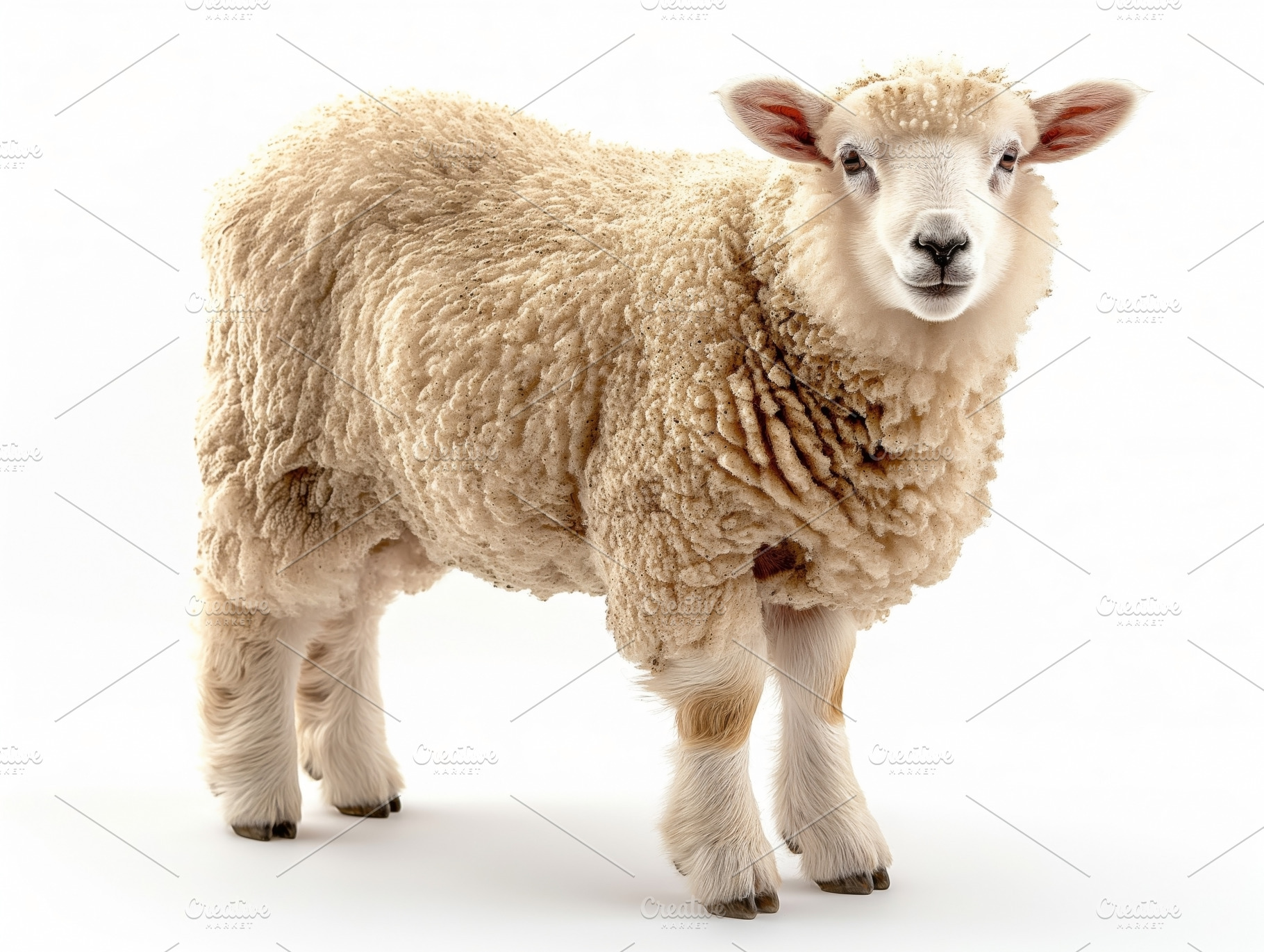 Adorable young sheep with fluffy wool, standing against a bright white backgrou, an Animal Photo by ImageMir