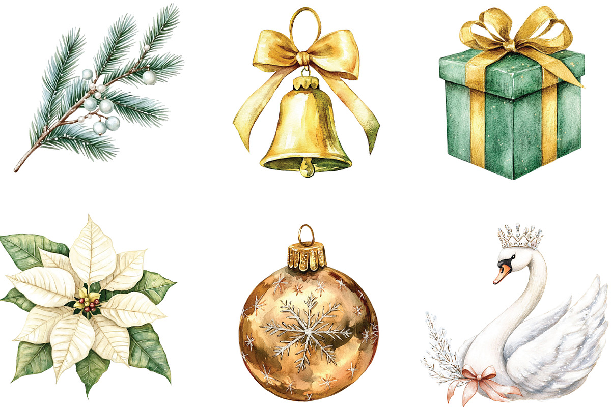 Watercolor Elegant Christmas Clipart, an Illustration by CraftArtStudio (Photo 3 of 6)