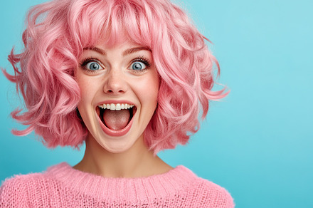 Portrait of beautiful emotional woman in pink wig on blue background, a Person Photo by AlyaAnd