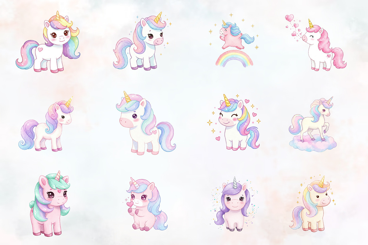 Cute Kawaii Unicorn Clipart PNG, an Animal Illustration by RobertsArt (Photo 2 of 7)