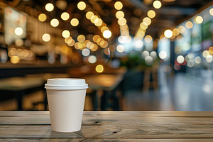 Coffee in blank craft cup on wooden table in blurred cafe background. Take away, a Food & Drink Photo by AlyaAnd