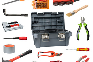 Set of various tools for repair and construction around open pla, an Industrial Photo by ndanko
