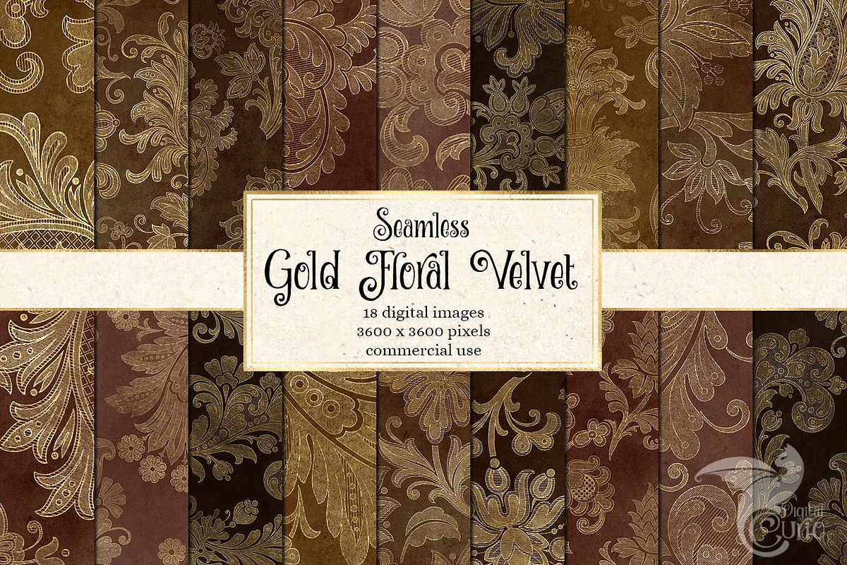 Gold Floral Velvet Digital Paper, a Pattern Graphic by Digital Curio ...
