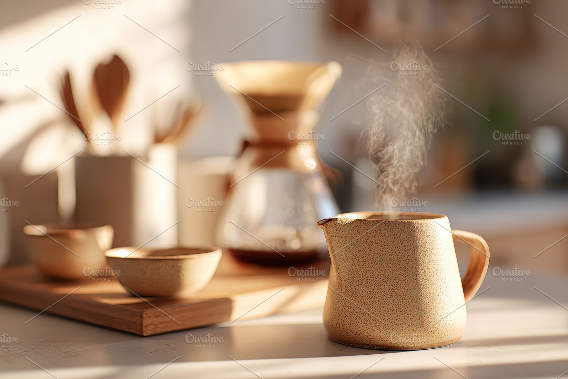 Warm morning coffee brewing in a cozy kitchen with natural wood accents, a Food & Drink Photo by AlyaAnd