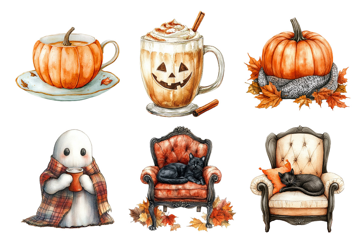 Watercolor Cozy Halloween Clipart, an Illustration by Daily.Designs (Photo 5 of 5)