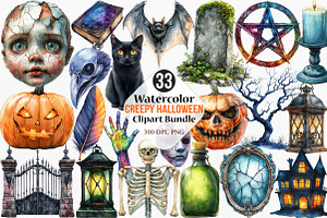 Watercolor Creepy Halloween Clipart, an Illustration by Canvas Craft