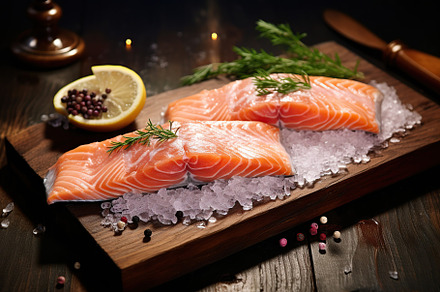 Fresh salmon fillet with ice on wooden background, a Food & Drink Photo by AlyaAnd