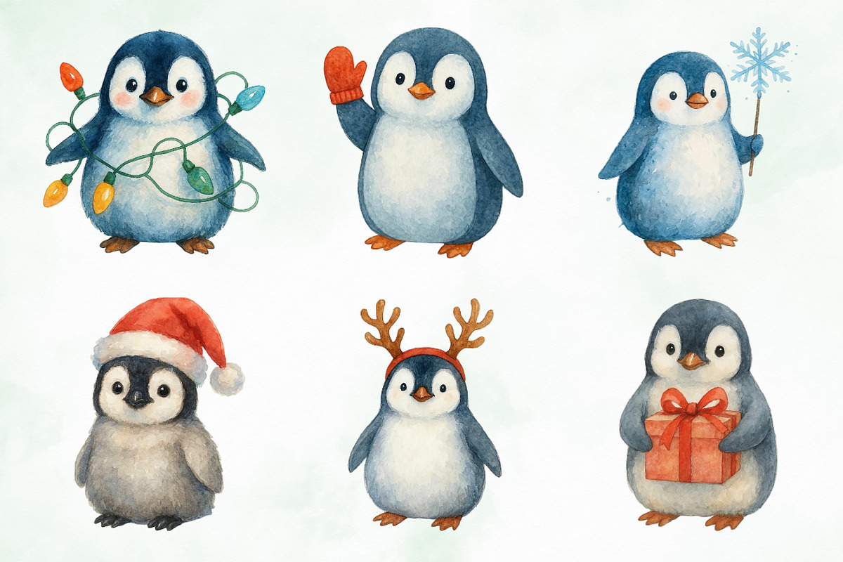Watercolor Cute Christmas Penguins, an Illustration by Creative Art (Photo 10 of 10)