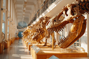 Virtual dinosaurs fill an empty hall displaying fossilized replicas under natur, a Photo by AlyaAnd