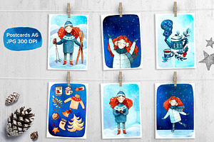 Winter Girl Watercolor Clipart Set