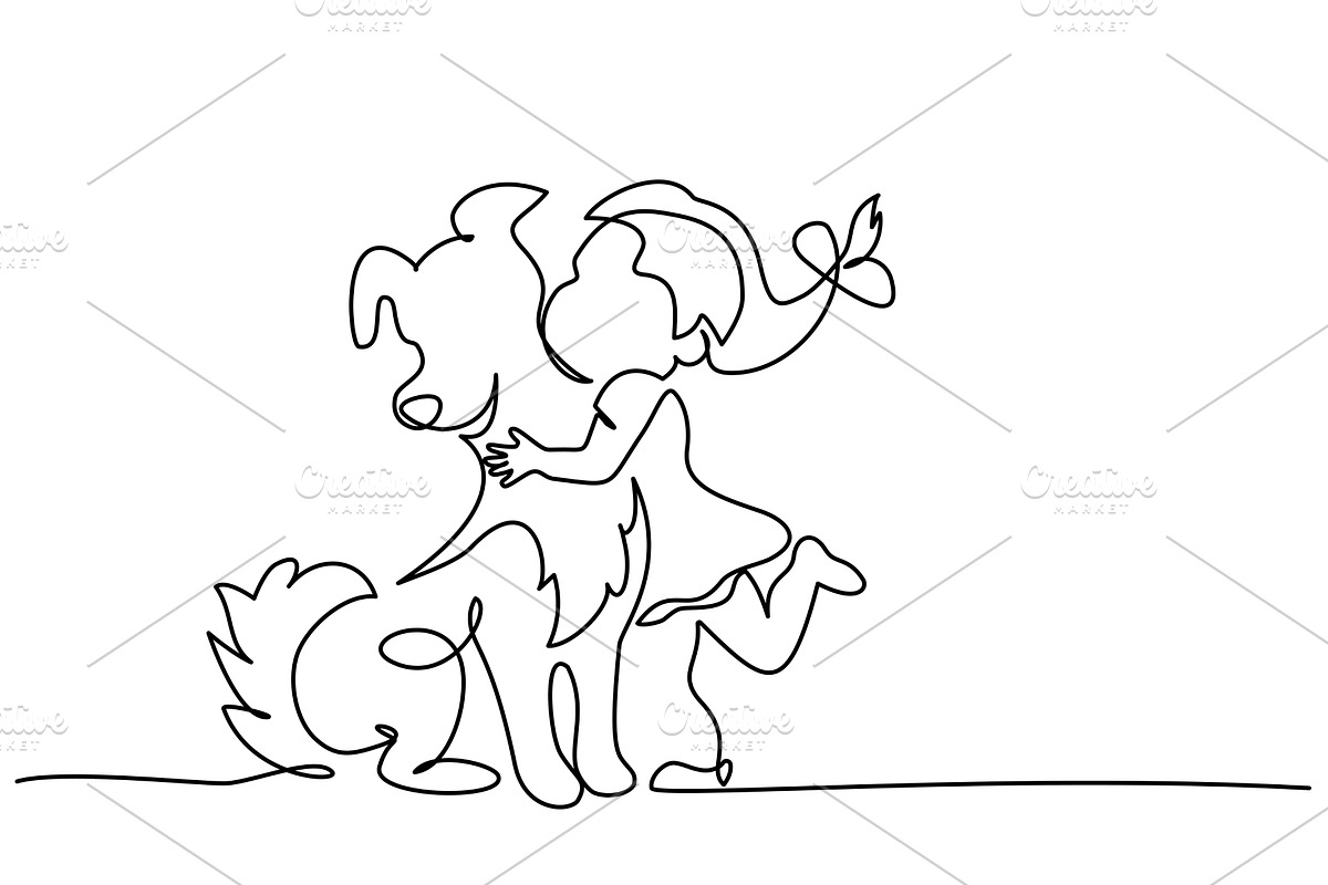 Happy small Girl hugs big dog, a Person Illustration by Valenty