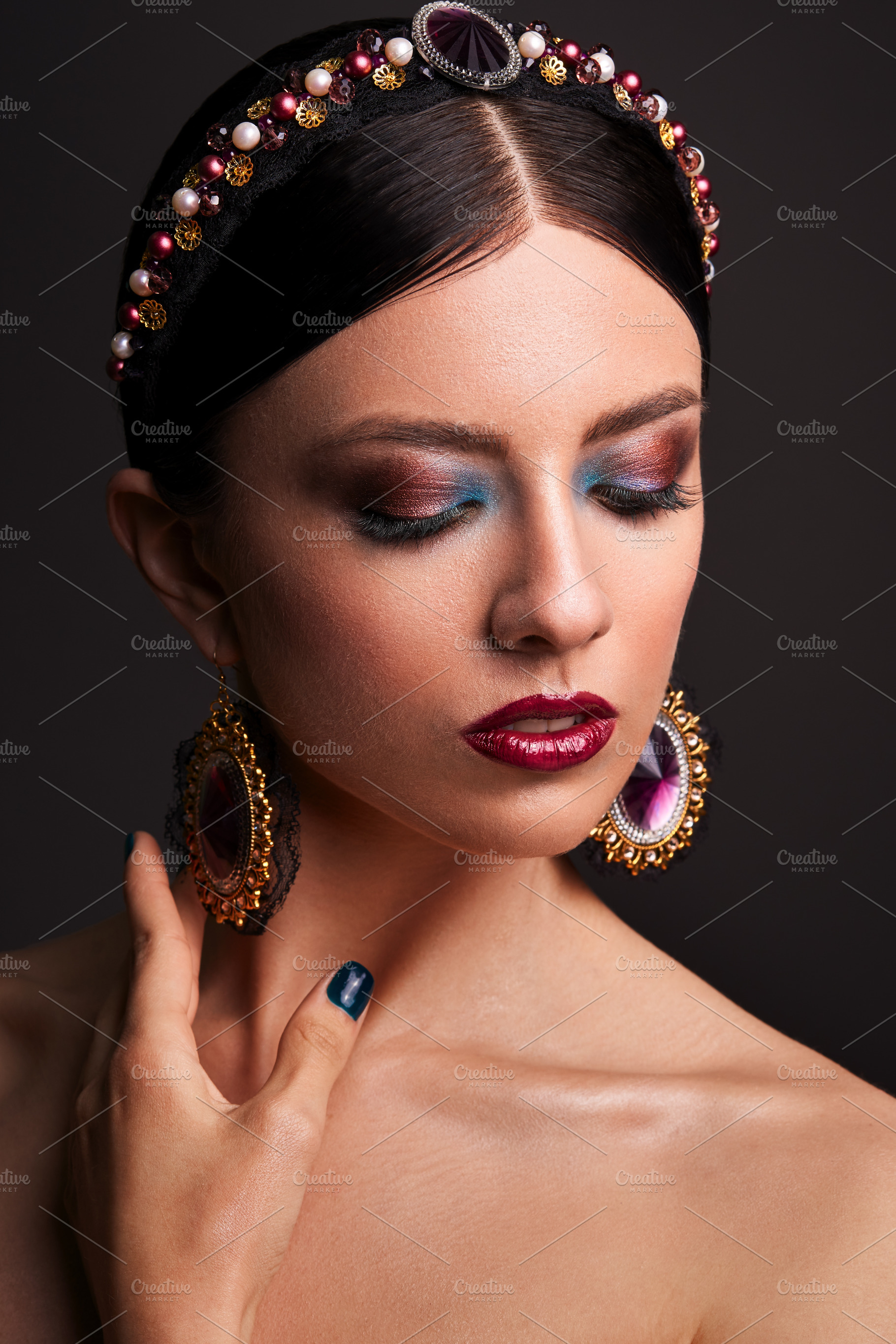 portrait of a girl in makeup body art body painting with jewelry, a Person Photo by Weddings, People, Travel