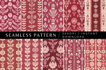 10 Dark Red Folk Harmony Patterns, a Pattern Graphic by Inknfolly
