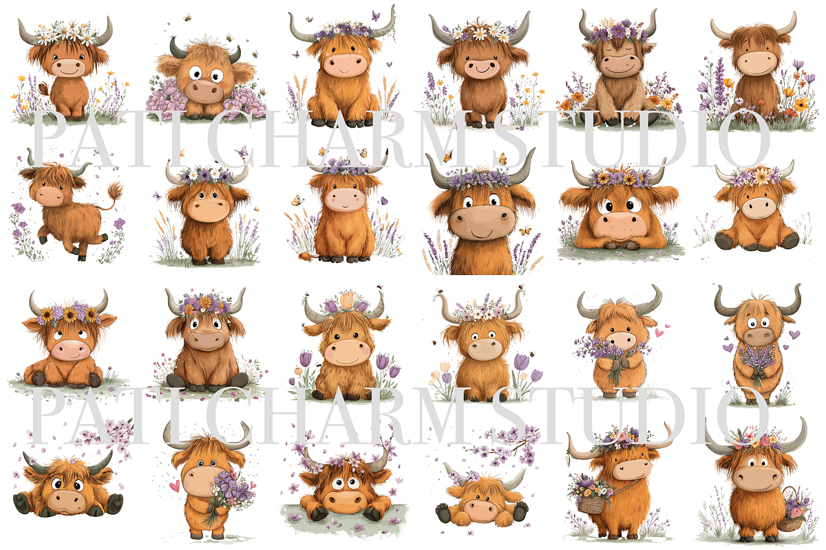 30 Floral Highland Cow Clipart, an Animal Illustration by Pati Charm Studio (Photo 2 of 8)