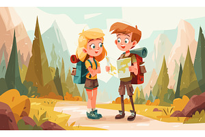 Teenagers hiking. Cartoon kids, a Sport Illustration by Stock-Smart-Start