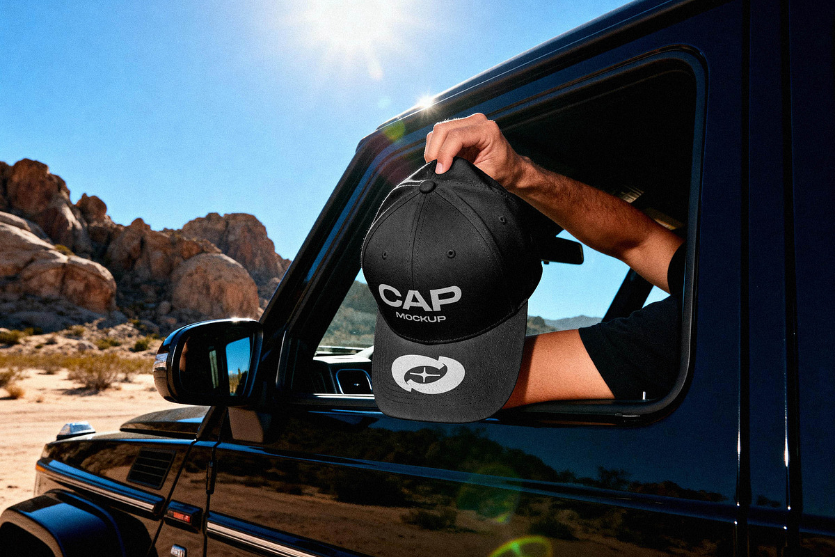 Baseball Cap Mockup in Desert Road, a Hat Mockup by Design Squad (Photo 3 of 4)