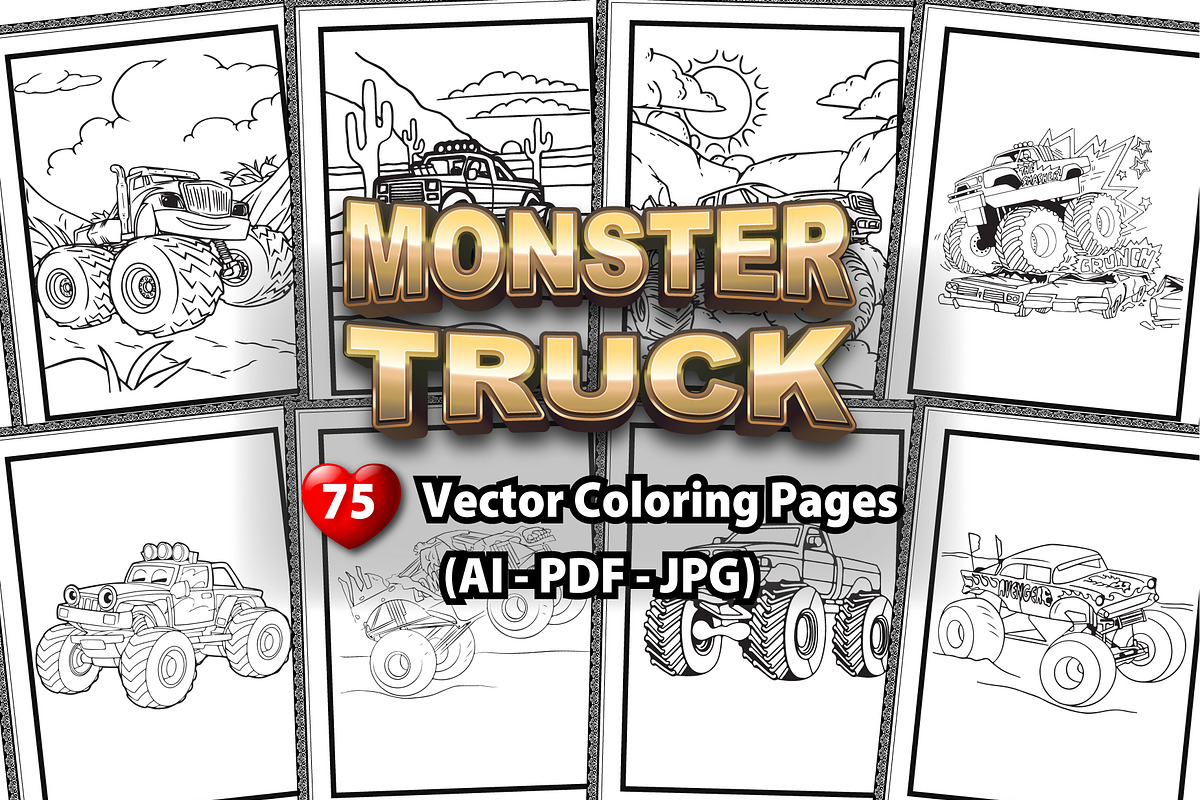 75 Monster Truck Vector Coloring Pag, a Transportation Illustration by Blue Digital Studio (Photo 1 of 3)