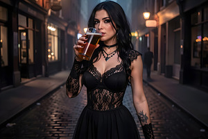 beautiful young goth woman drinking beer AI generated, a Photo by WorldOfPhotos