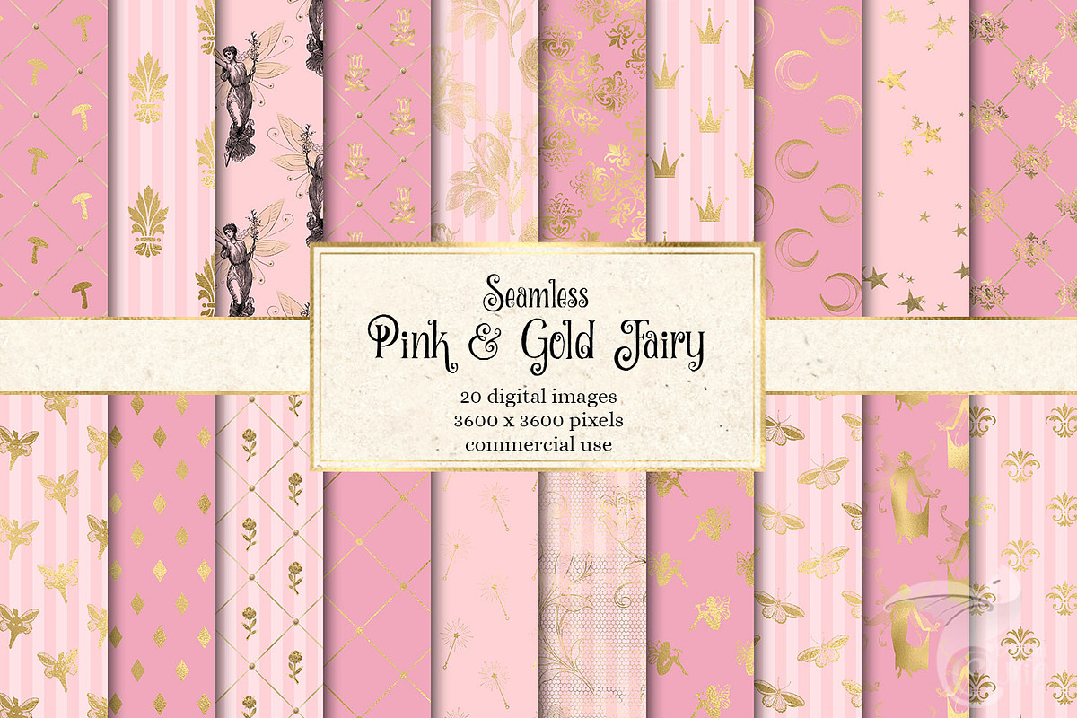 Pink and Gold Fairy Digital Paper, a Pattern Graphic by Digital Curio
