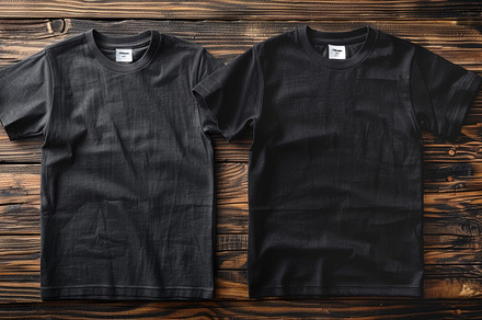 Black and white t-shirts on wooden background, casual fashion, a Photo by AS photostudio