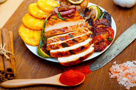 roasted grilled BBQ chicken breast with herbs and spices, a Food & Drink Photo by keko64
