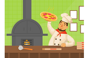 Chef Holding Freshly Prepared Pizza, a Food Illustration by TopVectors