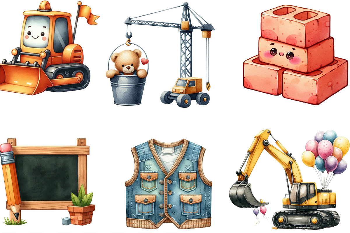 Cute Construction Watercolor Clipart, an Illustration by Designking (Photo 3 of 4)