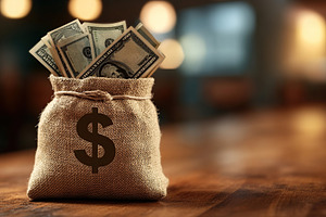 Burlap bag with dollar symbol and banknotes on wooden table, a Business Photo by AlyaAnd