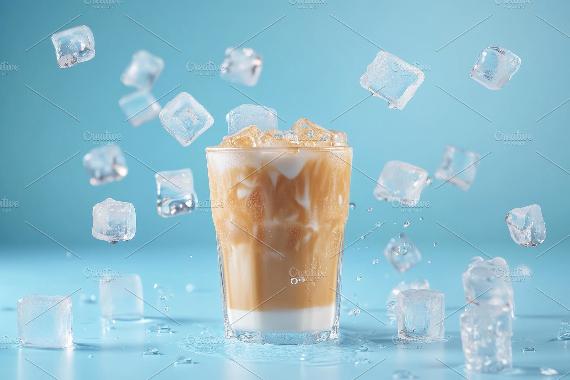 Iced coffee with milk and ice cubes, a Photo by Tanuart