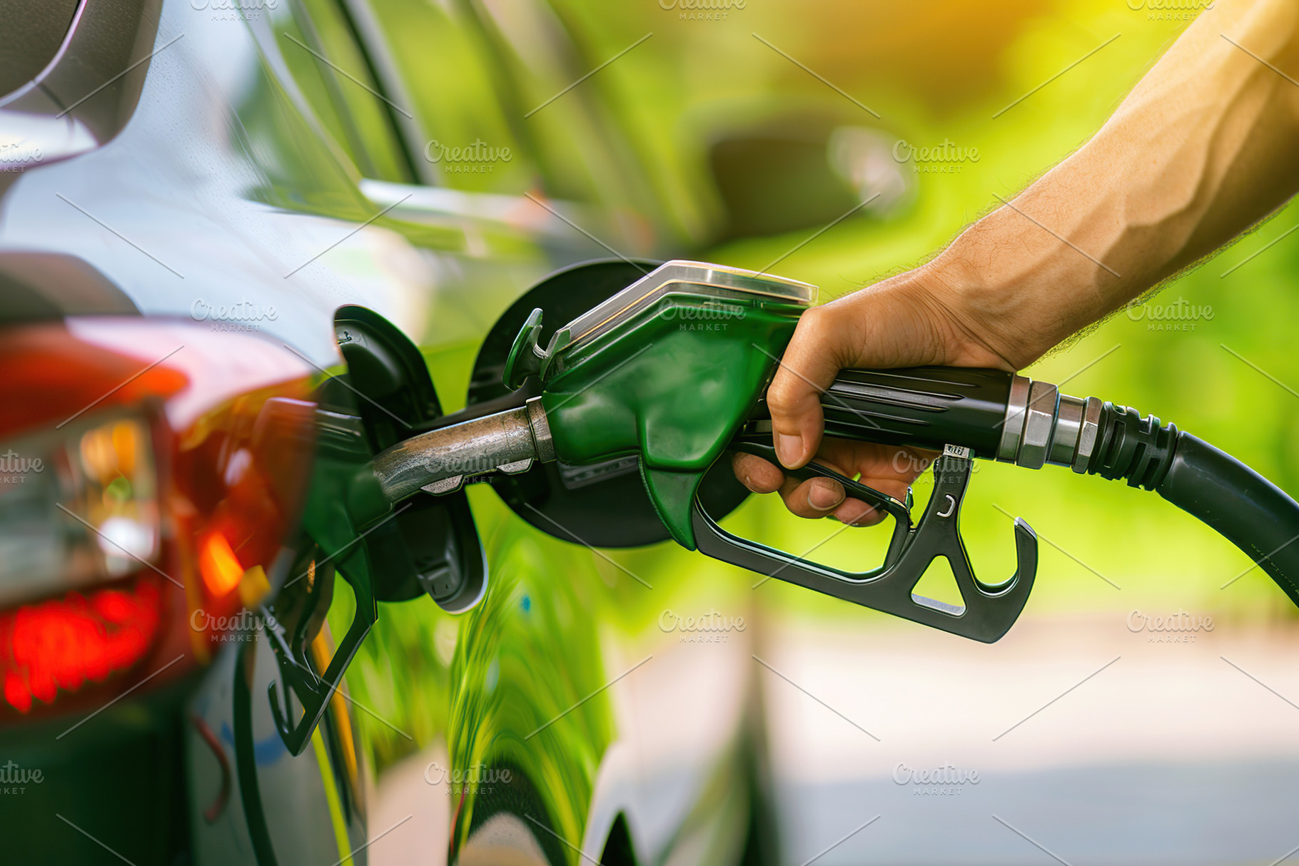 Human hand fueling gasoline fuel in a car at gas station, a Transportation Photo by AlyaAnd