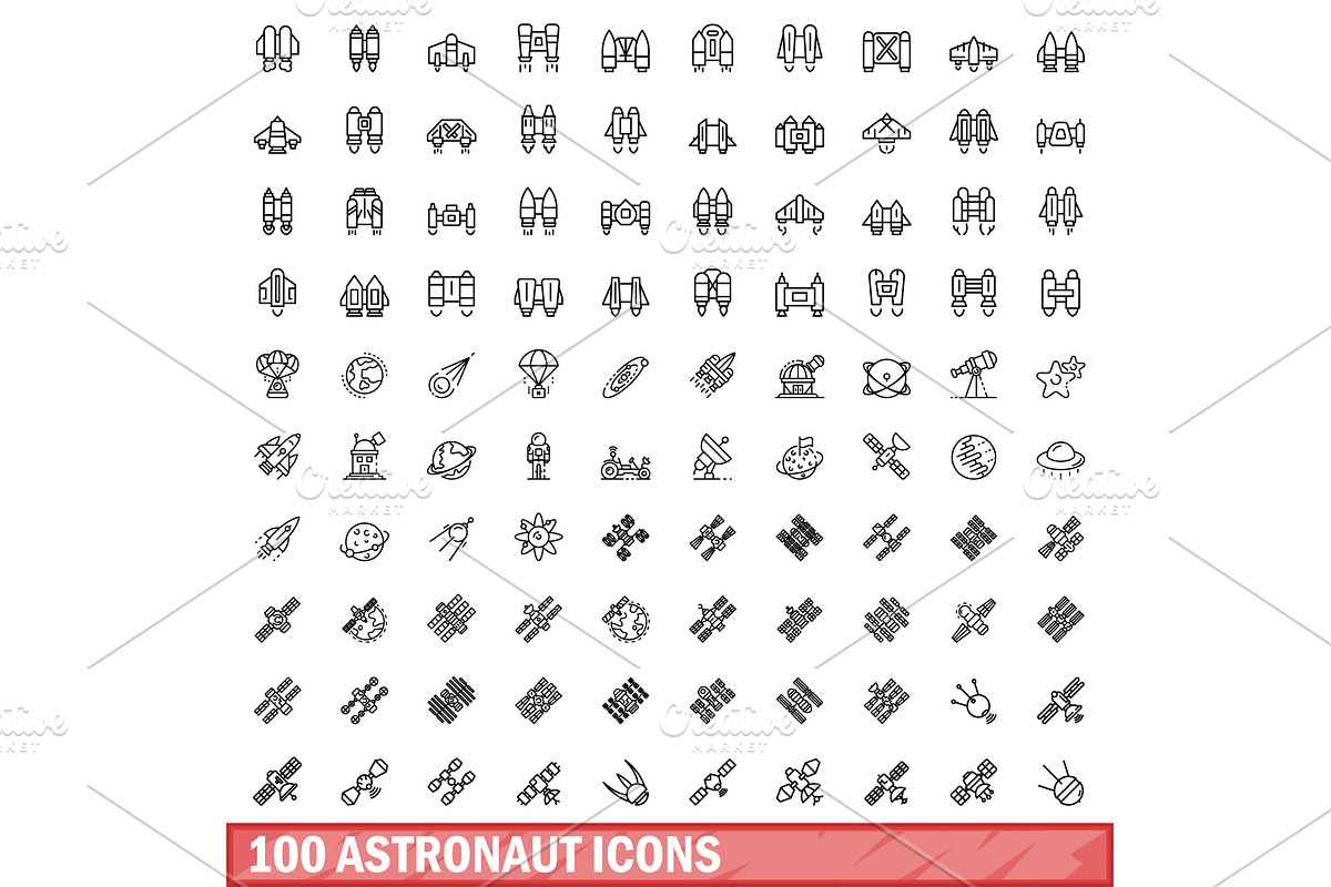 100 astronaut icons set, outline, an Object Illustration by Ylivdesign